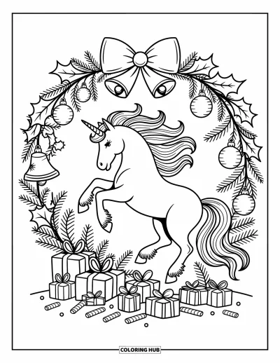 Coloriage de licorne de Noël pour adultes : Une licorne à l'intérieur d'une couronne de houx décorée de cloches, de houx et de boules