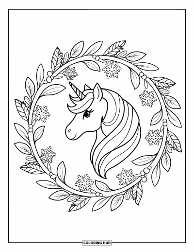 Coloriage de licorne de Noël pour adultes : Une licorne dans une couronne de gui et de flocons se tient sereinement