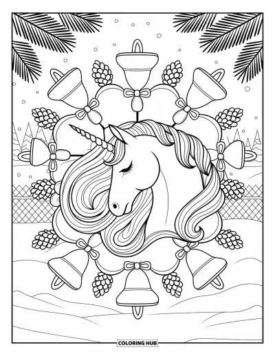 Coloriage de licorne de Noël pour adultes : Une licorne entourée d'un mandala de cloches, de nœuds et de pommes de pin
