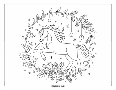 Coloriage de licorne de Noël pour adultes : Une licorne entourée de lierre, de roses et de baies de houx avec des ornements
