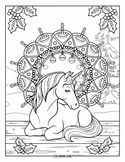 Coloriage de licorne de Noël pour adultes : Une licorne allongée près de feuilles de houx et de guirlandes sur un sol enneigé