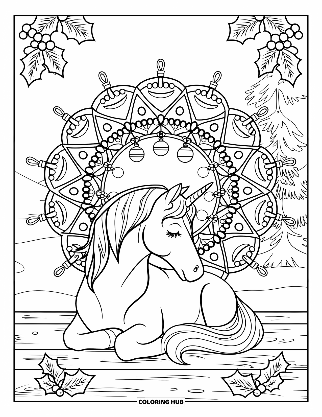 Coloriage de licorne de Noël pour adultes : Une licorne allongée près de feuilles de houx et de guirlandes sur un sol enneigé