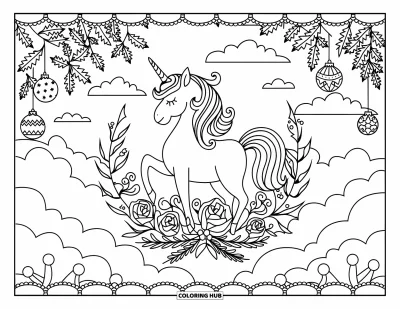 Coloriage de licorne de Noël pour adultes : Une licorne sur un nuage encadrée de lierre, de roses et de baies de houx
