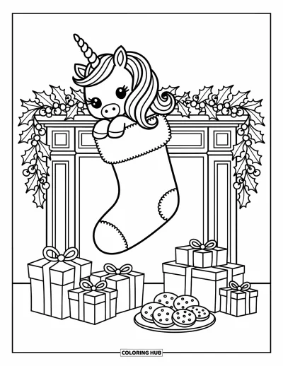 Coloriage de licorne de Noël pour adultes : Une licorne passe la tête hors d'une chaussette décorée de houx et de boules