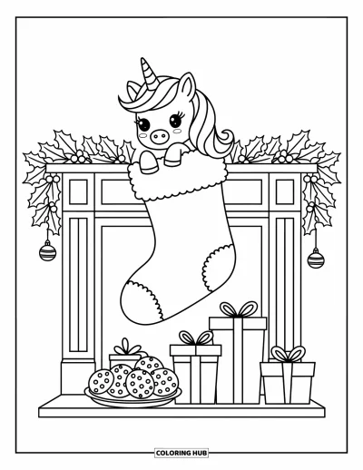 Coloriage de licorne de Noël pour adultes : Une licorne passe joyeusement la tête d'une chaussette au-dessus de cadeaux et de biscuits