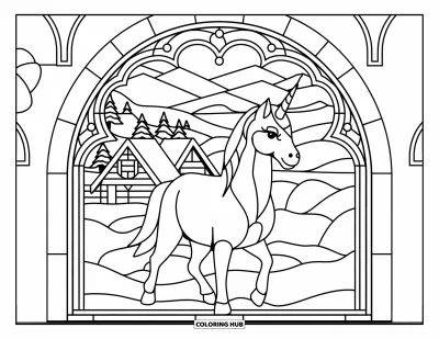 Coloriage de licorne de Noël pour adultes : Une licorne pose près d'un vitrail représentant des chalets enneigés et des arbres