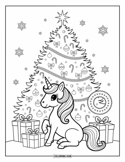 Coloriage de licorne de Noël pour adultes : Une licorne se repose près d'un sapin avec des cadeaux, des flocons de neige et une couronne de houx