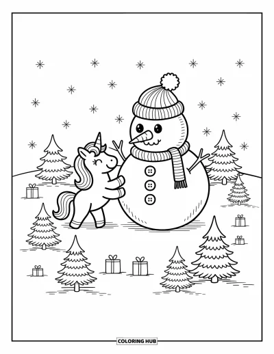 Coloriage de licorne de Noël pour adultes : Une licorne roule une boule de neige pour terminer un bonhomme de neige avec une écharpe et des boutons