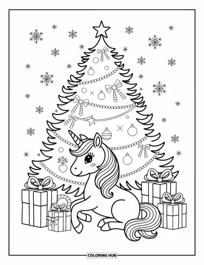 Coloriage de licorne de Noël pour adultes : Une licorne est assise près d'un sapin lumineux avec des présents et de la neige tombante