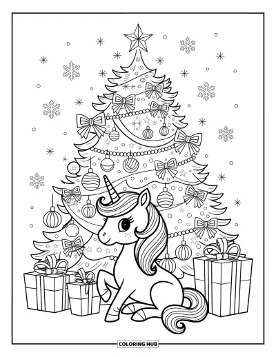 Coloriage de licorne de Noël pour adultes : Une licorne est assise près d'un sapin étoilé avec des nœuds et des cannes en sucre d'orge
