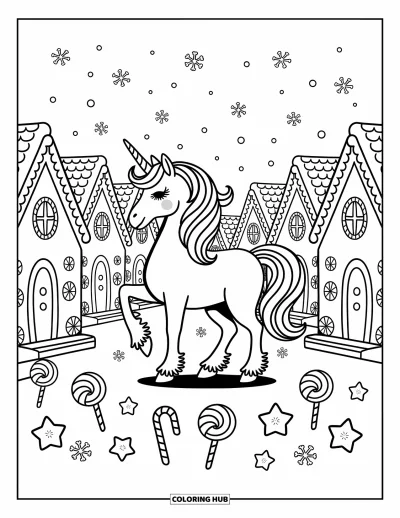 Coloriage de licorne de Noël pour adultes : Une licorne se tient parmi des maisons en pain d'épices avec de la neige tombante et des friandises festives
