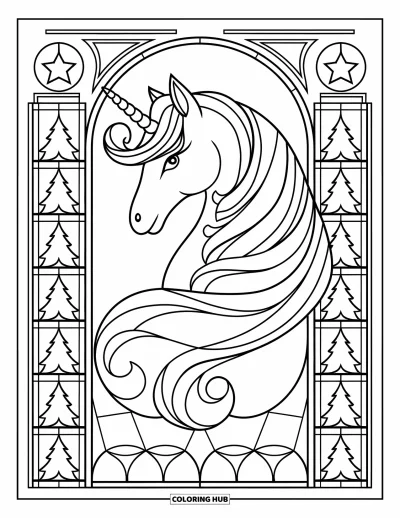 Coloriage de licorne de Noël pour adultes : Une licorne se tient entre des motifs de vitrail avec des étoiles et des sapins de Noël