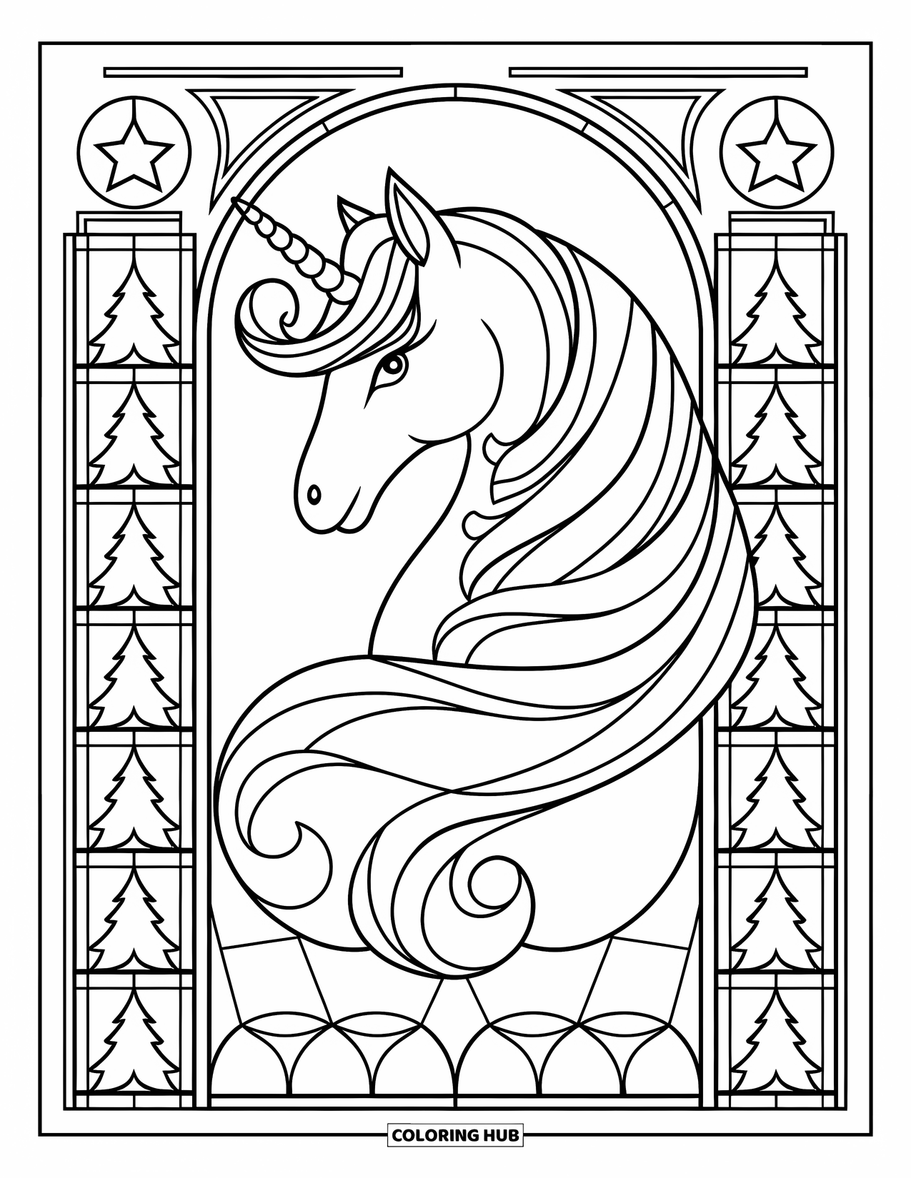Coloriage de licorne de Noël pour adultes : Une licorne se tient entre des motifs de vitrail avec des étoiles et des sapins de Noël