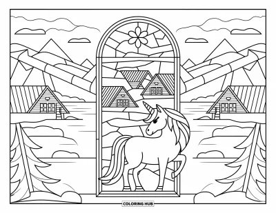 Coloriage de licorne de Noël pour adultes : Une licorne se tient près d'un vitrail représentant des chalets enneigés et des montagnes