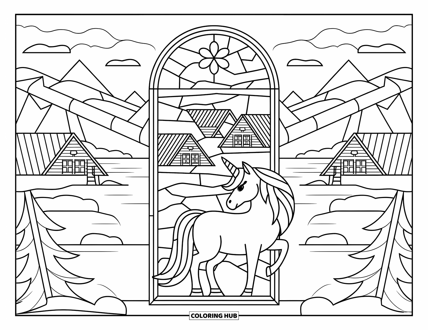 Coloriage de licorne de Noël pour adultes : Une licorne se tient près d'un vitrail représentant des chalets enneigés et des montagnes
