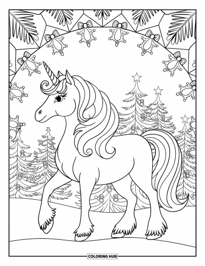Coloriage de licorne de Noël pour adultes : Une licorne dans la neige près de sapins décorés de nœuds