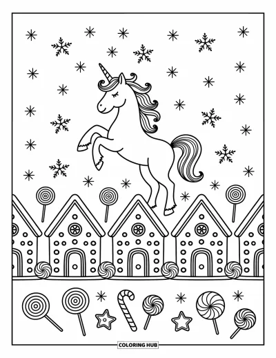 Coloriage de licorne de Noël pour adultes : Une licorne se tient près de maisons en pain d'épices tandis que des flocons dérivent dans le ciel