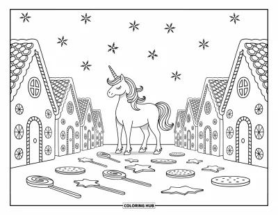 Coloriage de licorne de Noël pour adultes : Une licorne près de maisons en pain d'épices avec de la neige tombante et des sucreries festives