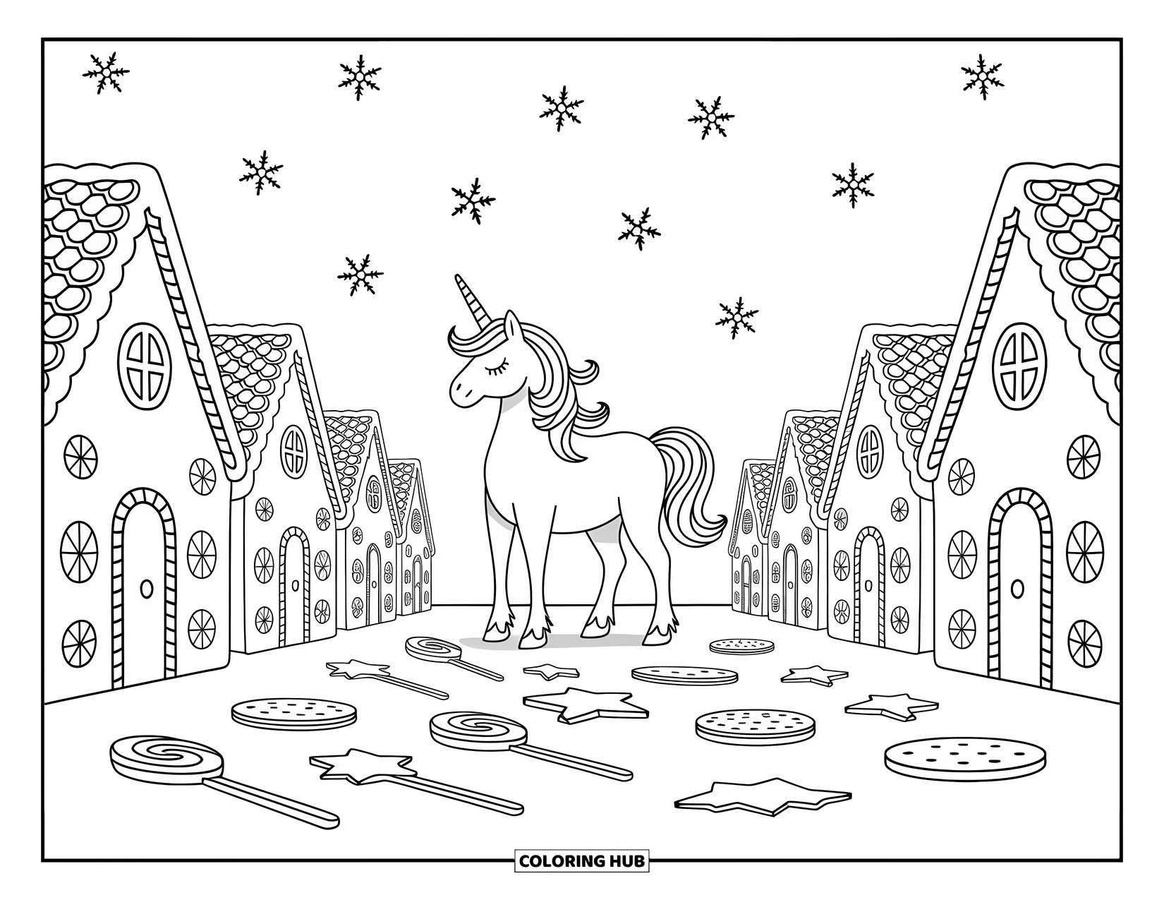 Coloriage de licorne de Noël pour adultes : Une licorne près de maisons en pain d'épices avec de la neige tombante et des sucreries festives