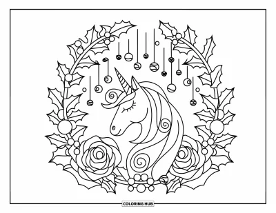 Coloriage de licorne de Noël pour adultes : Une licorne à la corne spiralée se tient parmi du lierre, des roses et des baies de houx