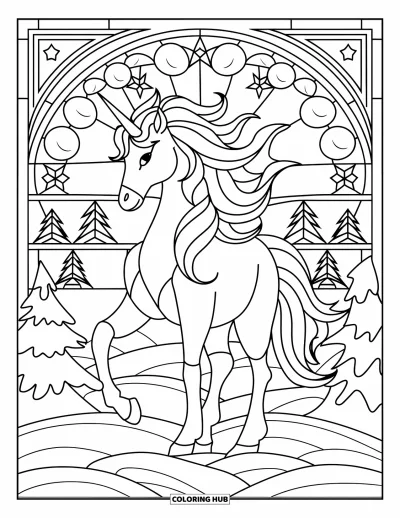 Coloriage de licorne de Noël pour adultes : Une licorne à la corne spiralée se tient près de sapins et d'étoiles en vitrail