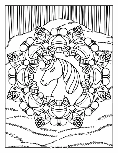 Coloriage de licorne de Noël pour adultes : Une licorne à la corne spiralée se tient près de grands arbres de forêt