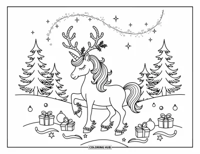 Coloriage de licorne de Noël pour adultes : Une licorne avec des bois et des cloches se tient dans la neige avec des boules à ses pieds