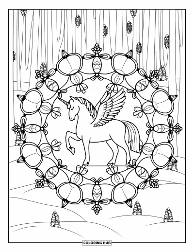 Coloriage de licorne de Noël pour adultes : Une licorne ailée se tient dans la neige au centre d'un mandala de cloches et de nœuds