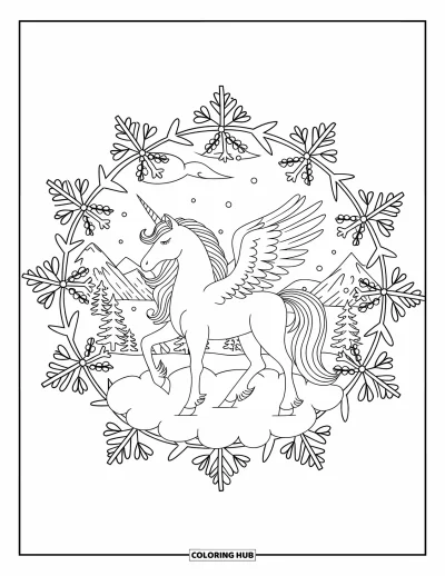 Coloriage de licorne de Noël pour adultes : Une licorne ailée sur un nuage encadrée de gui et de flocons de neige