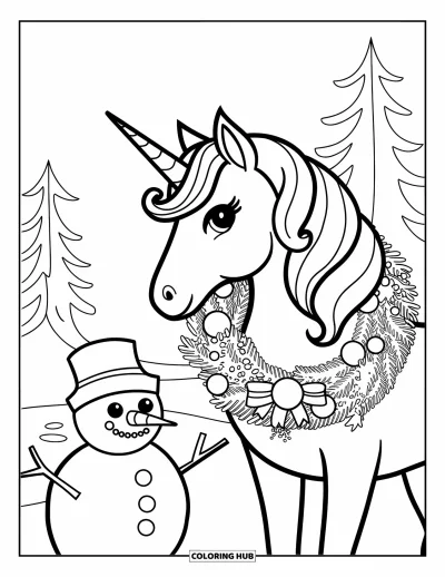 Coloriage de licorne de Noël pour enfants : Une licorne couronnée avec une couronne de houx se tient près d'un bonhomme de neige dans la neige
