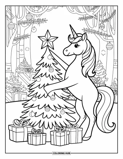Coloriage de licorne de Noël pour enfants : Une licorne place une étoile au sommet d'un sapin dans une forêt enchantée
