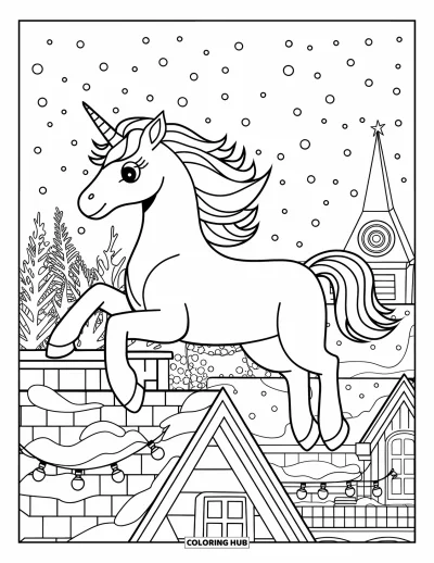 Coloriage de licorne de Noël pour enfants : Une licorne vole au-dessus des toits sous la neige avec des guirlandes lumineuses