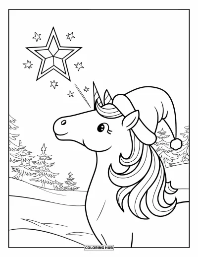 Coloriage de licorne de Noël pour enfants : Une licorne en chapeau de Noël lève les yeux vers une étoile avec des étincelles filantes