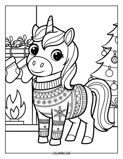 Coloriage de licorne de Noël pour enfants : Une licorne en pull festif accroche des chaussettes près d'une cheminée chaleureuse