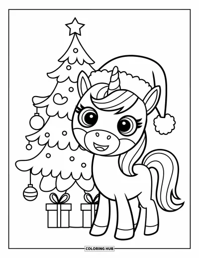 Coloriage de licorne de Noël pour enfants : Une licorne en bonnet de Père Noël se tient près d'un sapin étoilé entouré de cadeaux