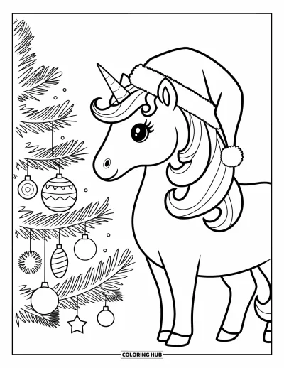 Coloriage de licorne de Noël pour enfants : Une licorne en bonnet de Père Noël se tient fièrement près d'un sapin de Noël décoré