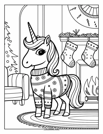 Coloriage de licorne de Noël pour enfants : Une licorne en pull à flocons accroche des chaussettes près de la cheminée