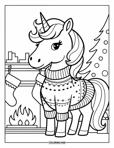 Coloriage de licorne de Noël pour enfants : Une licorne en pull accroche des chaussettes près d'un sapin de Noël