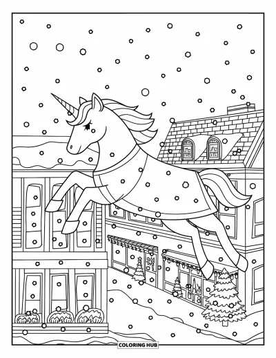 Coloriage de licorne de Noël pour enfants : Une licorne en tunique vole au-dessus des toits illuminés par des guirlandes festives