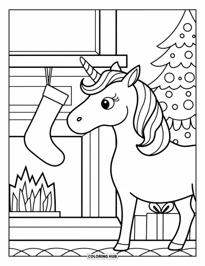 Coloriage de licorne de Noël pour enfants : Une licorne observe avec curiosité une chaussette accrochée à la cheminée