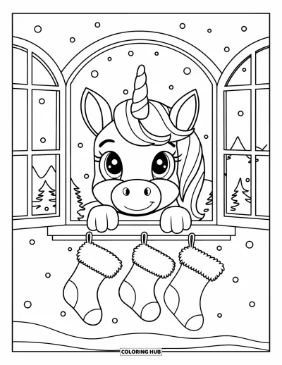 Coloriage de licorne de Noël pour enfants : Une licorne regarde par une fenêtre enneigée illuminée par une cheminée