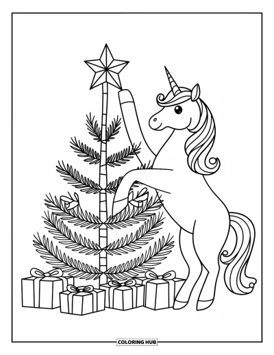 Coloriage de licorne de Noël pour enfants : Une licorne place une étoile au sommet d'un sapin de Noël décoré