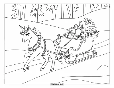 Coloriage de licorne de Noël pour enfants : Une licorne tire un traîneau rempli de cadeaux emballés sur un chemin enneigé