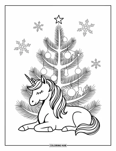 Coloriage de licorne de Noël pour enfants : Une licorne se repose paisiblement sous un sapin de Noël avec des flocons de neige tombants