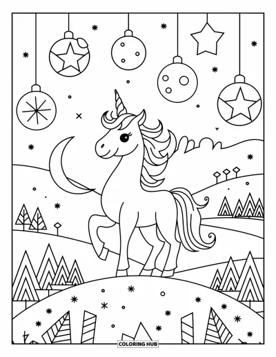 Coloriage de licorne de Noël pour enfants : Une licorne sur une colline enneigée avec des boules flottant près d'un croissant de lune