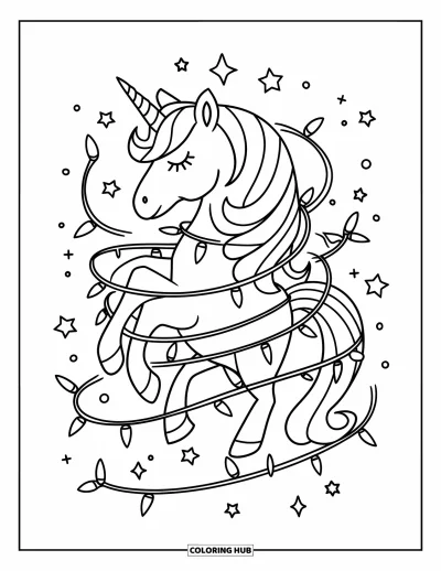 Coloriage de licorne de Noël pour enfants : Une licorne emmêlée dans des guirlandes lumineuses brille entourée d'étoiles et d'étincelles