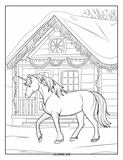 Coloriage de licorne de Noël pour enfants : Une licorne passe devant un chalet douillet décoré de guirlandes lumineuses et de festons