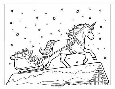 Coloriage de licorne de Noël pour enfants : Une licorne avec un collier tire un traîneau chargé de cadeaux sur un toit enneigé