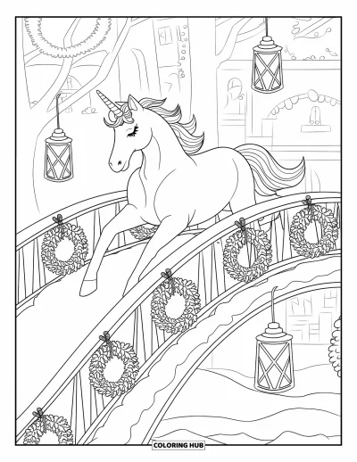 Coloriage de licorne de Noël pour enfants : Une licorne avec une couronne galope sur un pont enneigé en arche