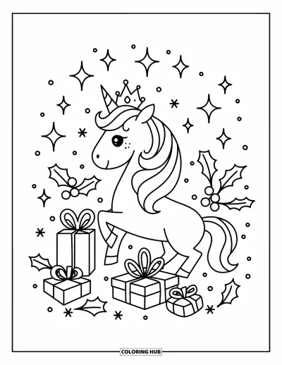 Coloriage de licorne de Noël pour enfants : Une licorne couronnée se tient parmi des cadeaux emballés, du houx et des étoiles